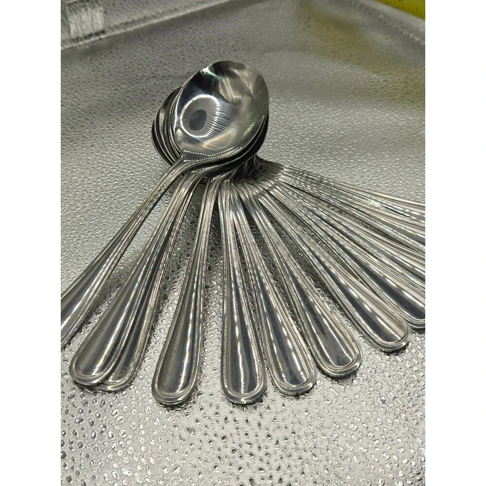 Set of 10 Stainless Steel Oval Soup Spoons – Double Line Rim Design – China